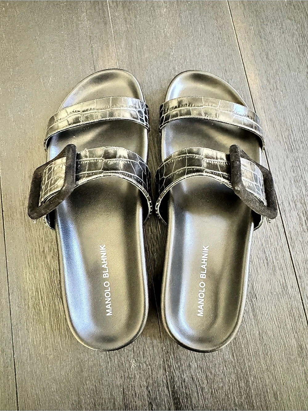 Manolo Blahnik Birkenstock Croc-Embossed Leather Slide Sandals